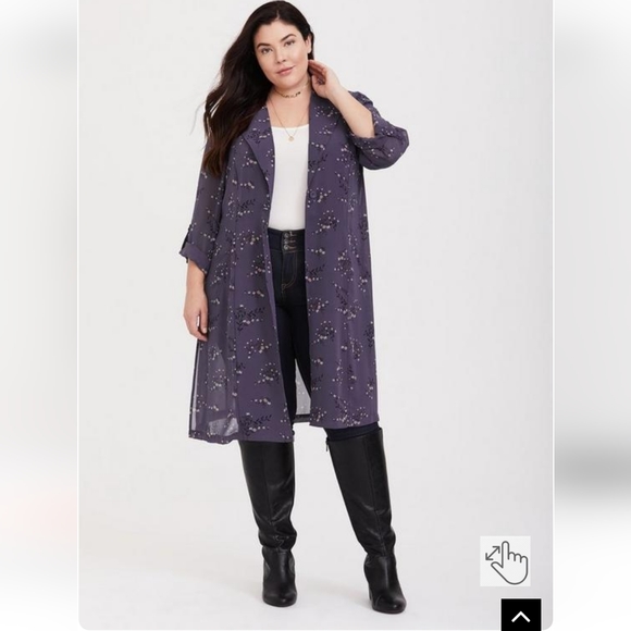 Torrid Grey Floral Georgette Drapy Belted Trench Coat/Jacket - Picture 3 of 13